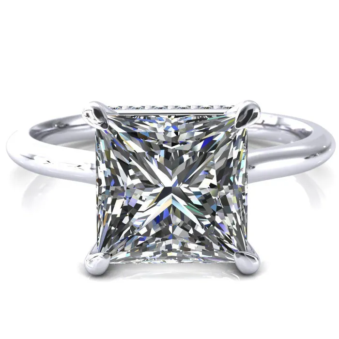 Fire Brilliance Rings Secret SquarePrincess Moissanite 4 Prong Floating Halo Engagement Ring