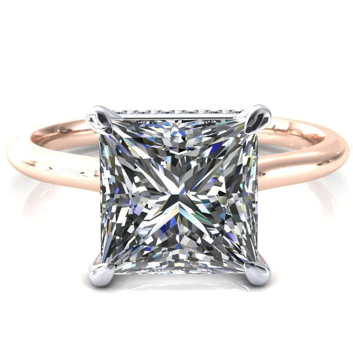 Fire Brilliance Rings Secret SquarePrincess Moissanite 4 Prong Floating Halo Engagement Ring