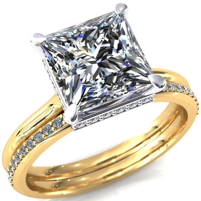 Fire Brilliance Rings Secret SquarePrincess Moissanite 4 Prong Floating Halo Engagement Ring