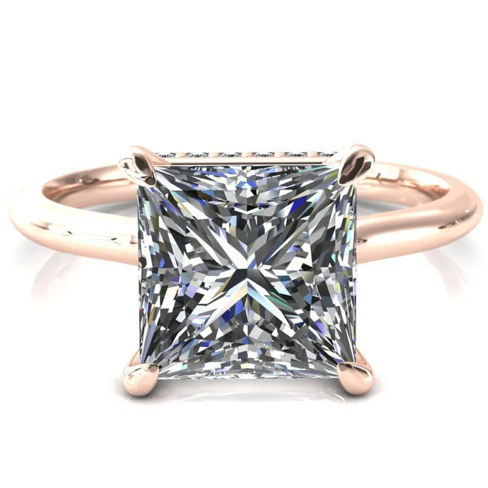 Fire Brilliance Rings Secret SquarePrincess Moissanite 4 Prong Floating Halo Engagement Ring
