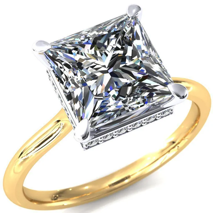 Fire Brilliance Rings Secret SquarePrincess Moissanite 4 Prong Floating Halo Engagement Ring