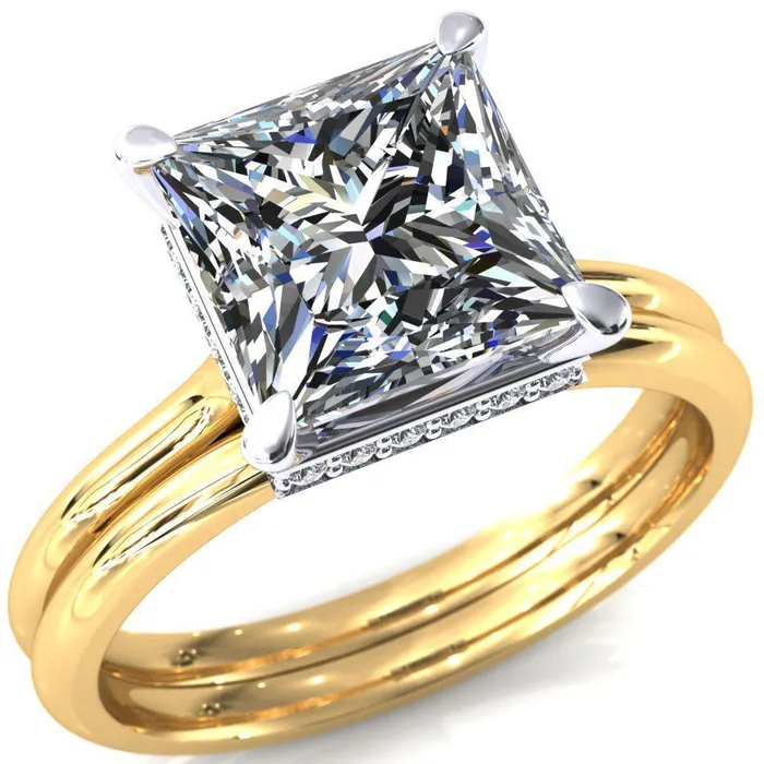 Fire Brilliance Rings Secret SquarePrincess Moissanite 4 Prong Floating Halo Engagement Ring
