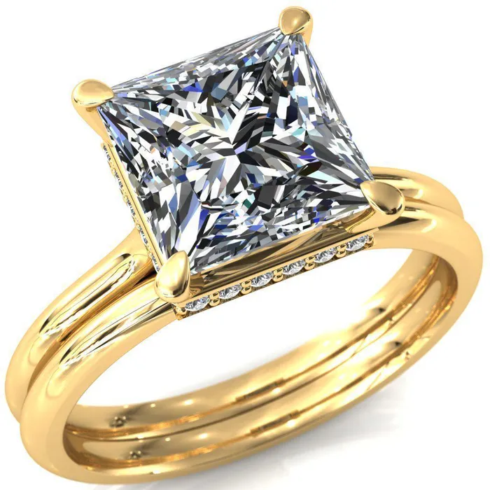 Fire Brilliance Rings Secret SquarePrincess Moissanite 4 Prong Floating Halo Engagement Ring