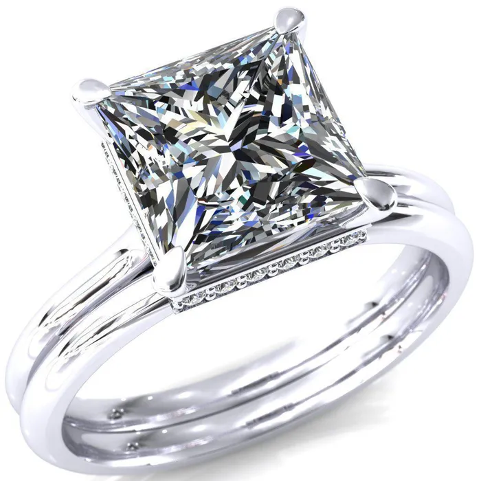 Fire Brilliance Rings Secret SquarePrincess Moissanite 4 Prong Floating Halo Engagement Ring
