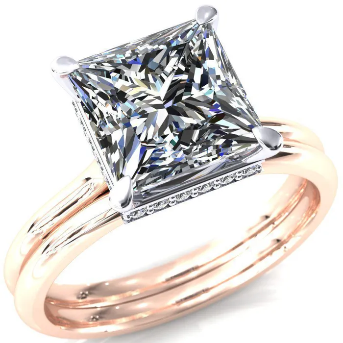 Fire Brilliance Rings Secret SquarePrincess Moissanite 4 Prong Floating Halo Engagement Ring
