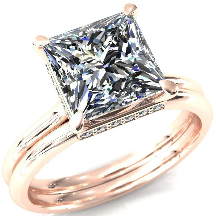 Fire Brilliance Rings Secret SquarePrincess Moissanite 4 Prong Floating Halo Engagement Ring