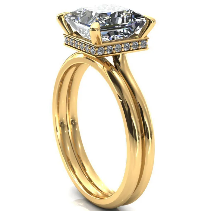 Fire Brilliance Rings Secret SquarePrincess Moissanite 4 Prong Floating Halo Engagement Ring