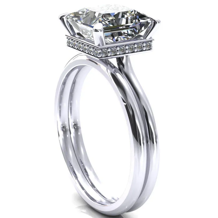Fire Brilliance Rings Secret SquarePrincess Moissanite 4 Prong Floating Halo Engagement Ring