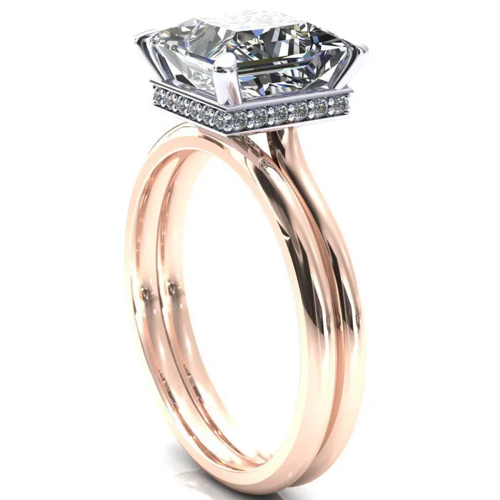 Fire Brilliance Rings Secret SquarePrincess Moissanite 4 Prong Floating Halo Engagement Ring