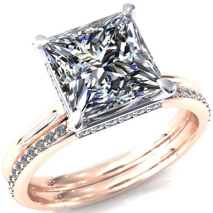 Fire Brilliance Rings Secret SquarePrincess Moissanite 4 Prong Floating Halo Engagement Ring
