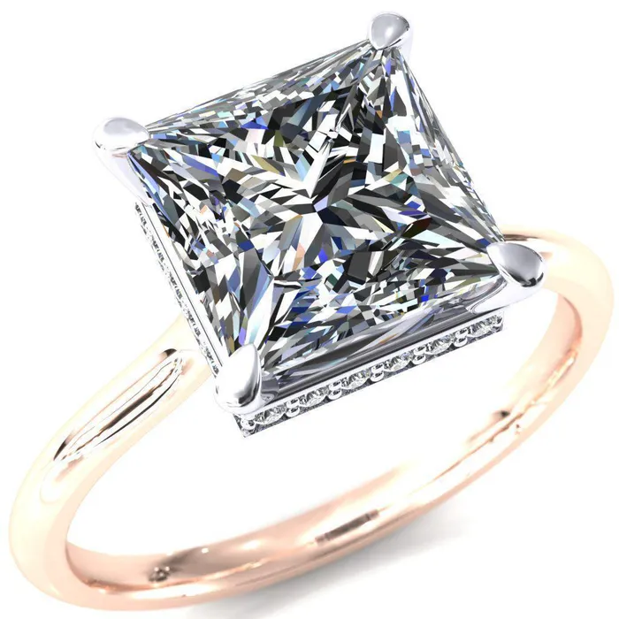 Fire Brilliance Rings Secret SquarePrincess Moissanite 4 Prong Floating Halo Engagement Ring