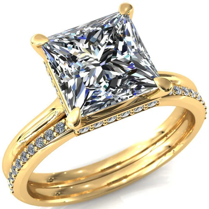 Fire Brilliance Rings Secret SquarePrincess Moissanite 4 Prong Floating Halo Engagement Ring
