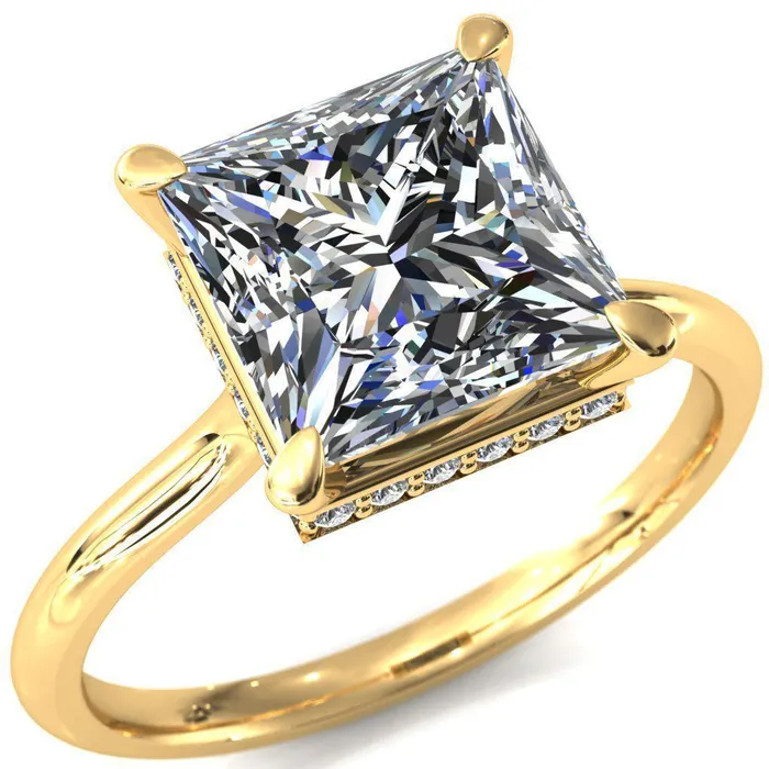 Fire Brilliance Rings Secret SquarePrincess Moissanite 4 Prong Floating Halo Engagement Ring