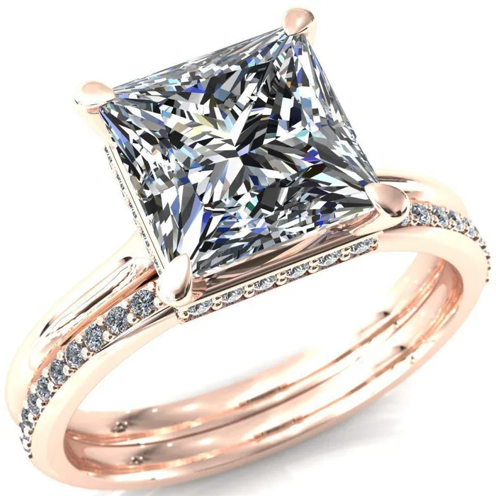 Fire Brilliance Rings Secret SquarePrincess Moissanite 4 Prong Floating Halo Engagement Ring