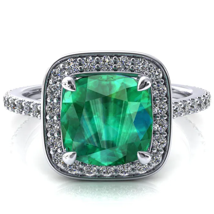 Fire Brilliance Rings Valma Cushion Emerald Floating Diamond Halo and Sides Ring Fire Brilliance Rings Valma Cushion Emerald Floating Diamond Halo and Sides Ring