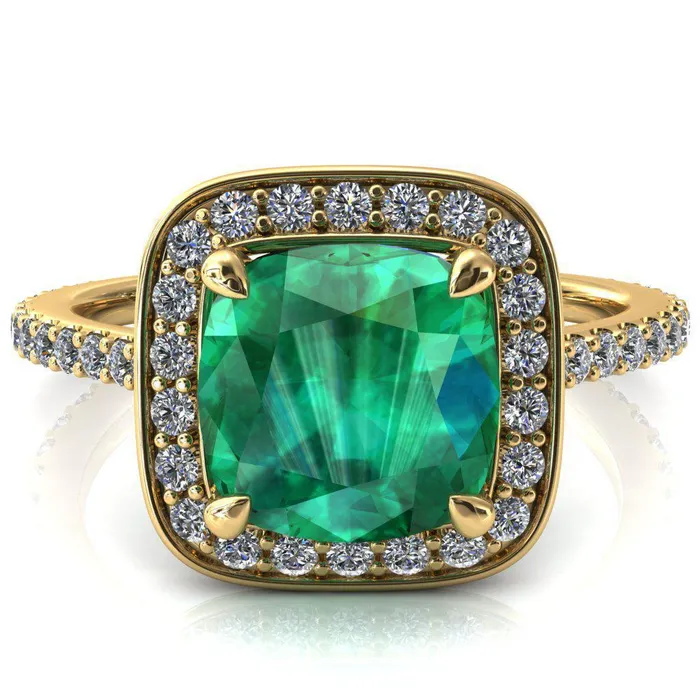 Fire Brilliance Rings Valma Cushion Emerald Floating Diamond Halo and Sides Ring