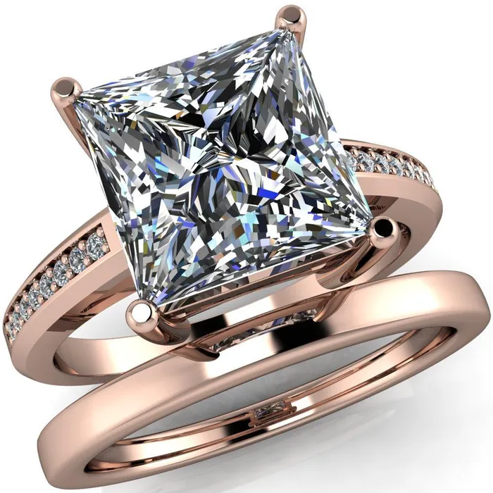Fire Brilliance Rings Wyatt PrincessSquare Moissanite Diamond Channel Under Bezel Cathedral Ring