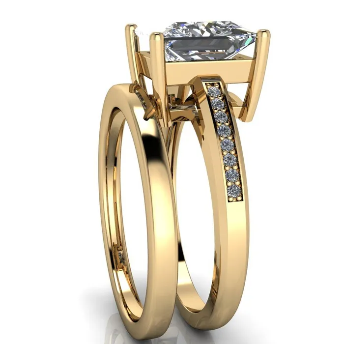 Fire Brilliance Rings Wyatt PrincessSquare Moissanite Diamond Channel Under Bezel Cathedral Ring