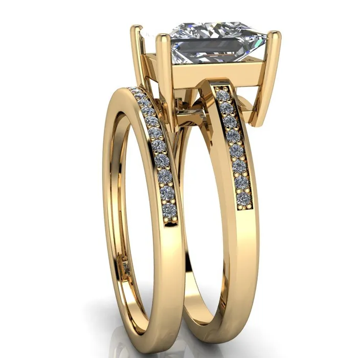Fire Brilliance Rings Wyatt PrincessSquare Moissanite Diamond Channel Under Bezel Cathedral Ring