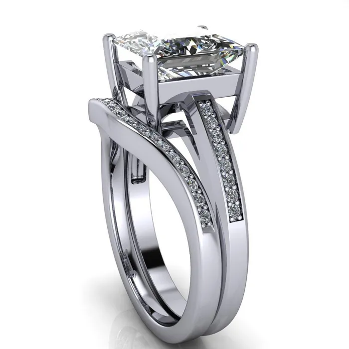 Fire Brilliance Rings Wyatt PrincessSquare Moissanite Diamond Channel Under Bezel Cathedral Ring