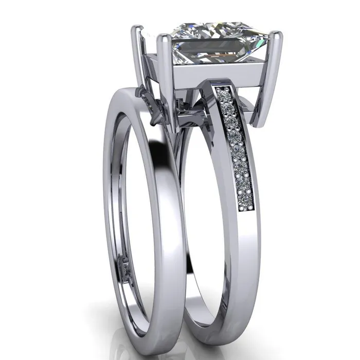 Fire Brilliance Rings Wyatt PrincessSquare Moissanite Diamond Channel Under Bezel Cathedral Ring