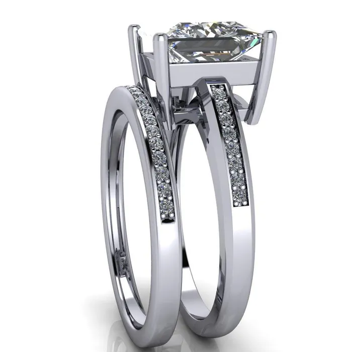 Fire Brilliance Rings Wyatt PrincessSquare Moissanite Diamond Channel Under Bezel Cathedral Ring