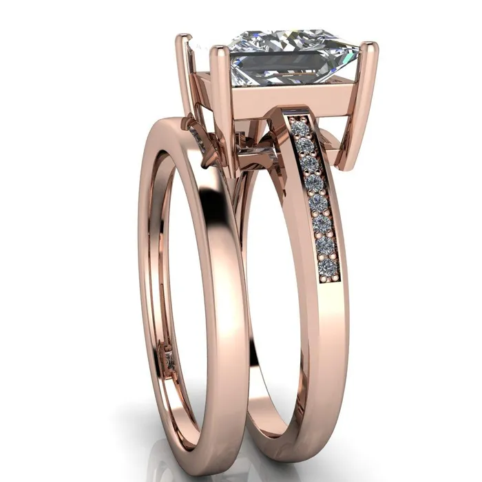 Fire Brilliance Rings Wyatt PrincessSquare Moissanite Diamond Channel Under Bezel Cathedral Ring