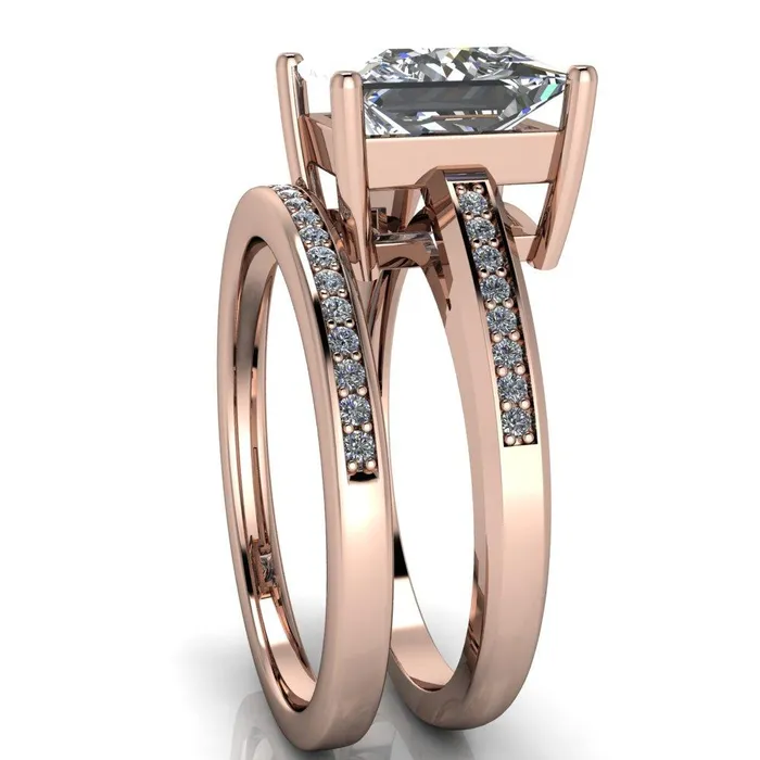 Fire Brilliance Rings Wyatt PrincessSquare Moissanite Diamond Channel Under Bezel Cathedral Ring