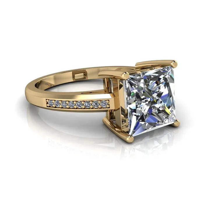 Fire Brilliance Rings Wyatt PrincessSquare Moissanite Diamond Channel Under Bezel Cathedral Ring