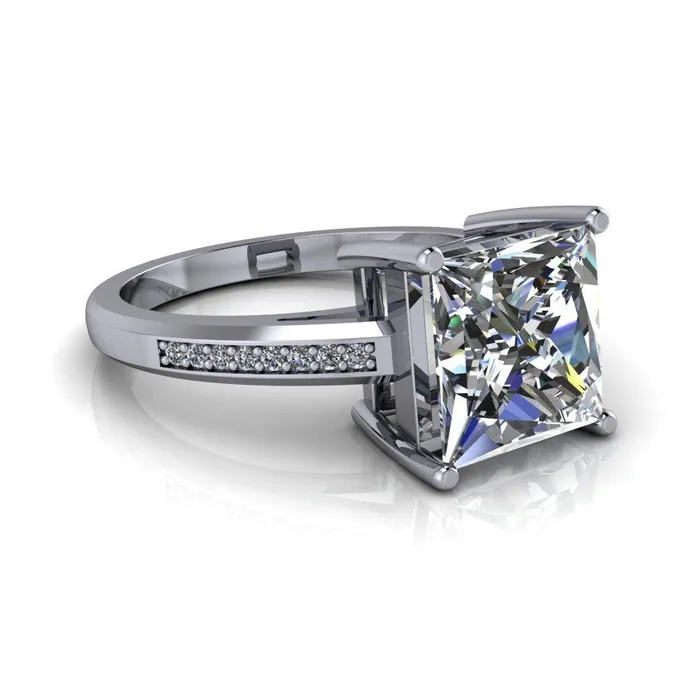 Fire Brilliance Rings Wyatt PrincessSquare Moissanite Diamond Channel Under Bezel Cathedral Ring