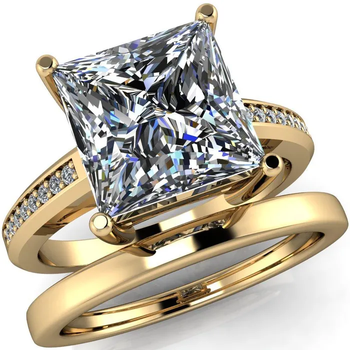 Fire Brilliance Rings Wyatt PrincessSquare Moissanite Diamond Channel Under Bezel Cathedral Ring
