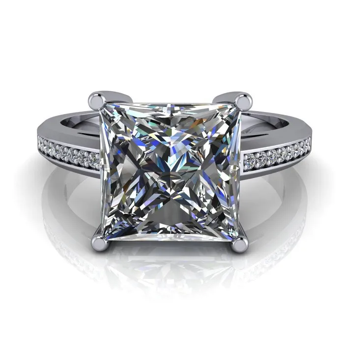 Fire Brilliance Rings Wyatt PrincessSquare Moissanite Diamond Channel Under Bezel Cathedral Ring