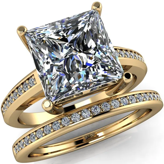 Fire Brilliance Rings Wyatt PrincessSquare Moissanite Diamond Channel Under Bezel Cathedral Ring