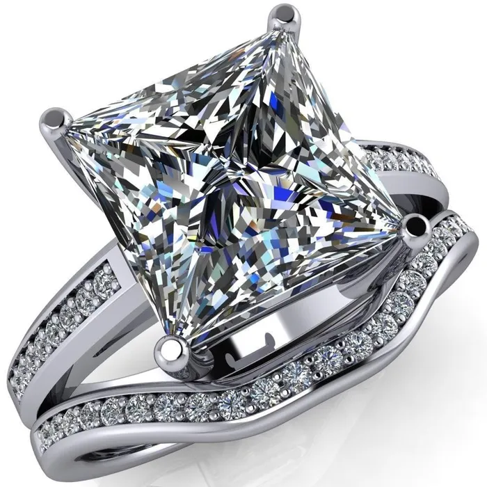 Fire Brilliance Rings Wyatt PrincessSquare Moissanite Diamond Channel Under Bezel Cathedral Ring