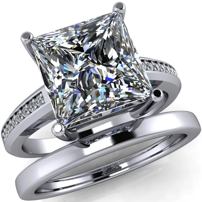 Fire Brilliance Rings Wyatt PrincessSquare Moissanite Diamond Channel Under Bezel Cathedral Ring