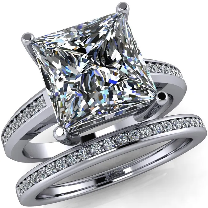 Fire Brilliance Rings Wyatt PrincessSquare Moissanite Diamond Channel Under Bezel Cathedral Ring
