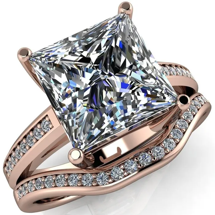 Fire Brilliance Rings Wyatt PrincessSquare Moissanite Diamond Channel Under Bezel Cathedral Ring