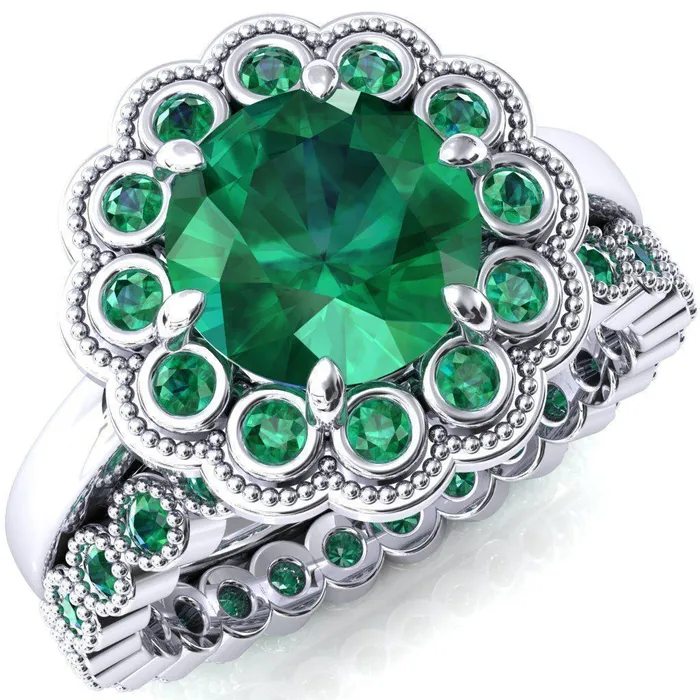 Fire Brilliance Rings Zinnia Round Emerald 6 Prongs Milgrain Halo Accent Emerald Ring Fire Brilliance Rings Zinnia Round Emerald 6 Prongs Milgrain Halo Accent Emerald Ring