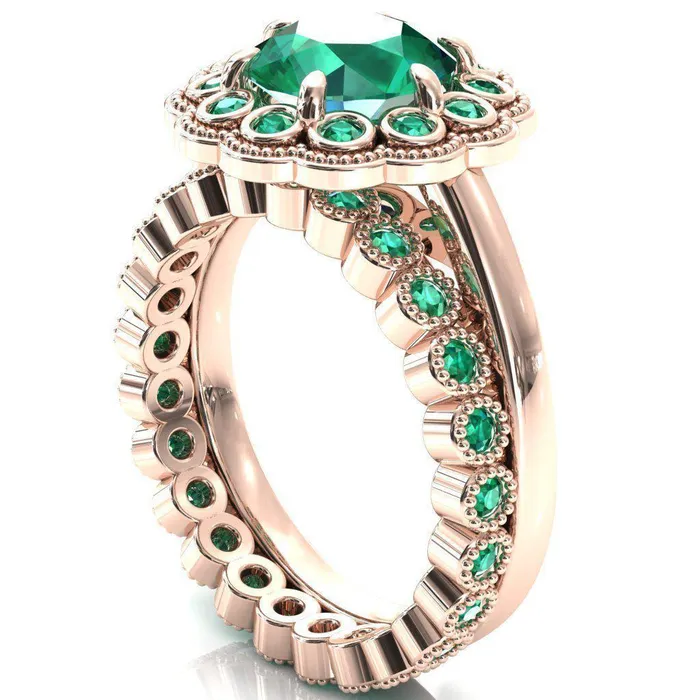 Fire Brilliance Rings Zinnia Round Emerald 6 Prongs Milgrain Halo Accent Emerald Ring