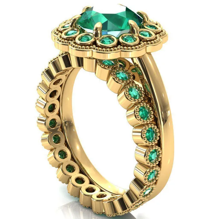Fire Brilliance Rings Zinnia Round Emerald 6 Prongs Milgrain Halo Accent Emerald Ring