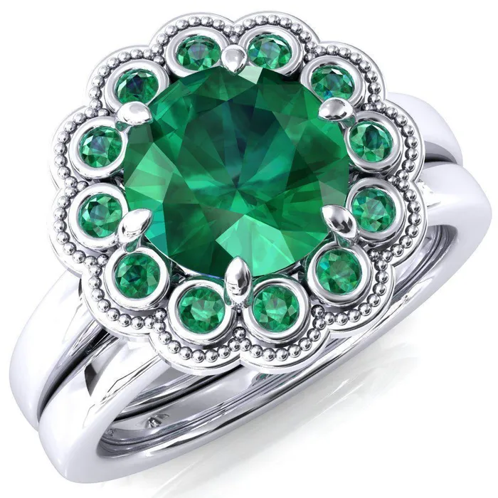 Fire Brilliance Rings Zinnia Round Emerald 6 Prongs Milgrain Halo Accent Emerald Ring