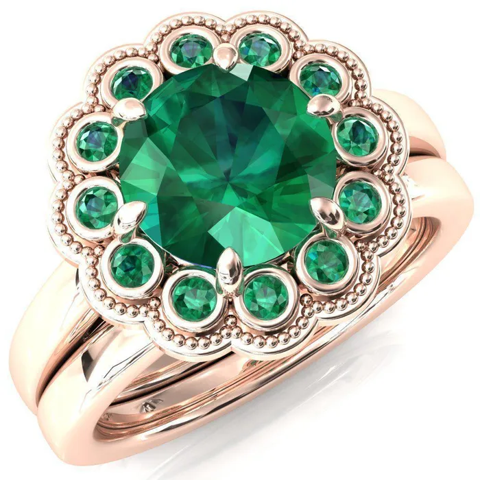 Fire Brilliance Rings Zinnia Round Emerald 6 Prongs Milgrain Halo Accent Emerald Ring