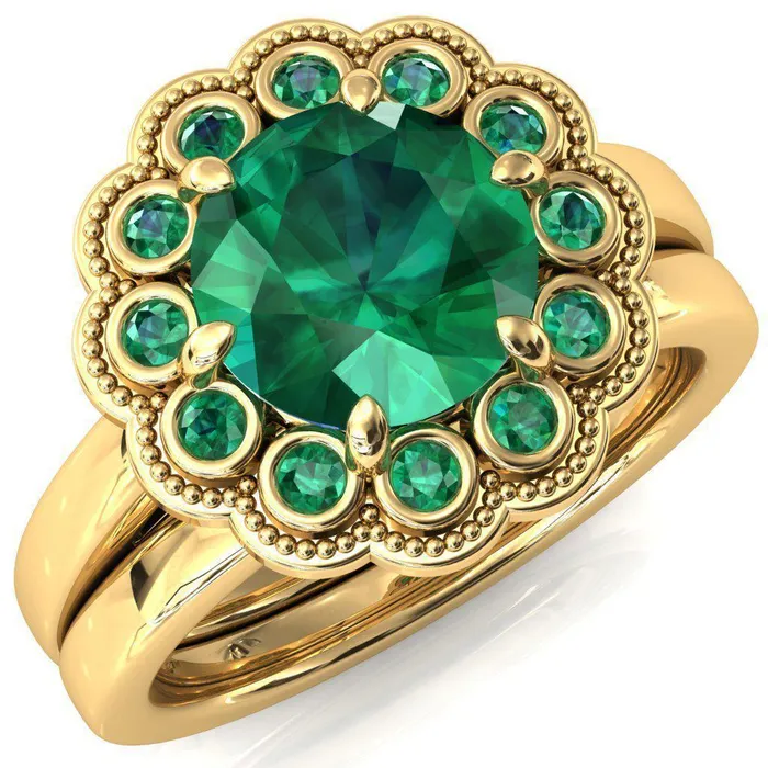 Fire Brilliance Rings Zinnia Round Emerald 6 Prongs Milgrain Halo Accent Emerald Ring