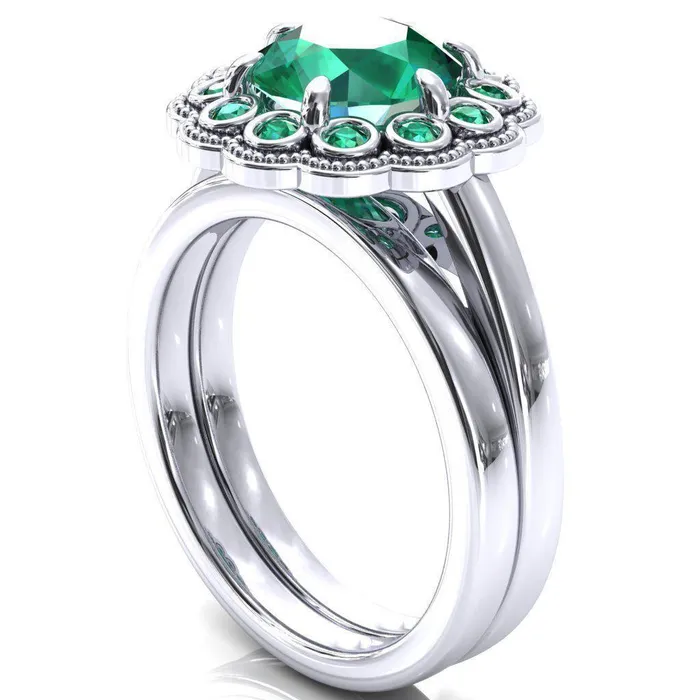 Fire Brilliance Rings Zinnia Round Emerald 6 Prongs Milgrain Halo Accent Emerald Ring