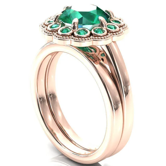 Fire Brilliance Rings Zinnia Round Emerald 6 Prongs Milgrain Halo Accent Emerald Ring