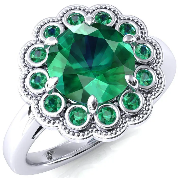 Fire Brilliance Rings Zinnia Round Emerald 6 Prongs Milgrain Halo Accent Emerald Ring