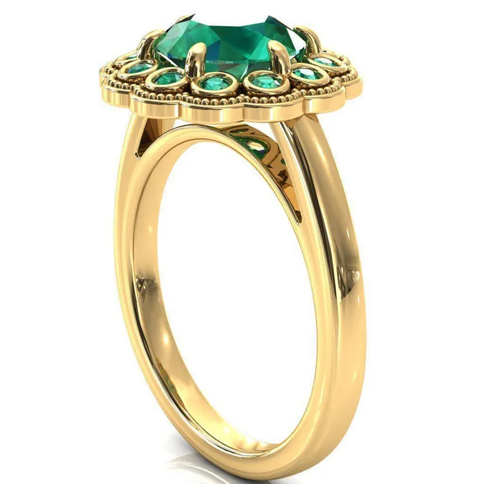Fire Brilliance Rings Zinnia Round Emerald 6 Prongs Milgrain Halo Accent Emerald Ring