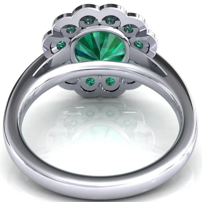 Fire Brilliance Rings Zinnia Round Emerald 6 Prongs Milgrain Halo Accent Emerald Ring