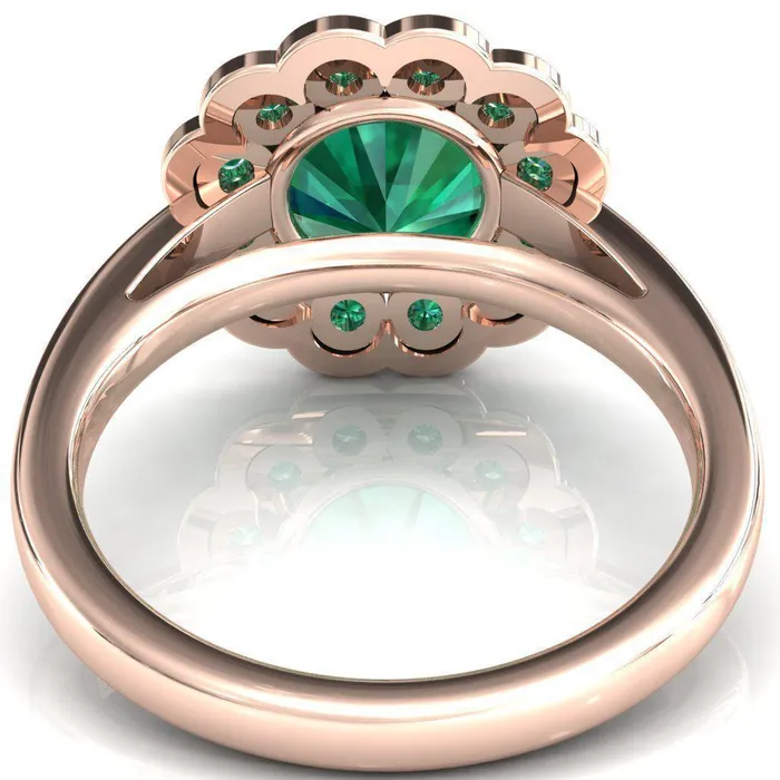 Fire Brilliance Rings Zinnia Round Emerald 6 Prongs Milgrain Halo Accent Emerald Ring