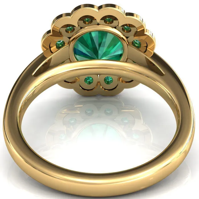Fire Brilliance Rings Zinnia Round Emerald 6 Prongs Milgrain Halo Accent Emerald Ring